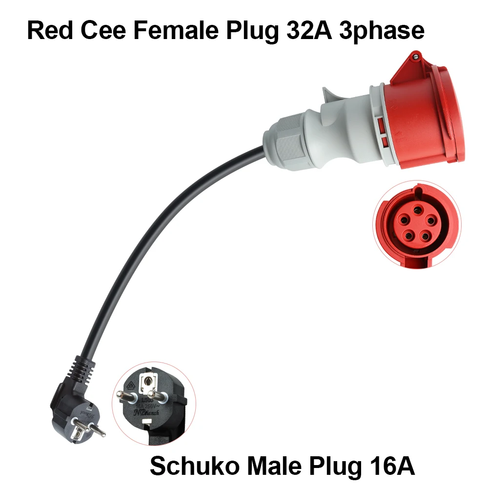 Adaptador de cargador PEOKE EV Schuko a enchufe CEE rojo 5 pines 1 fase 16A a trifásico 32A enchufe CEE azul hembra para carga portátil