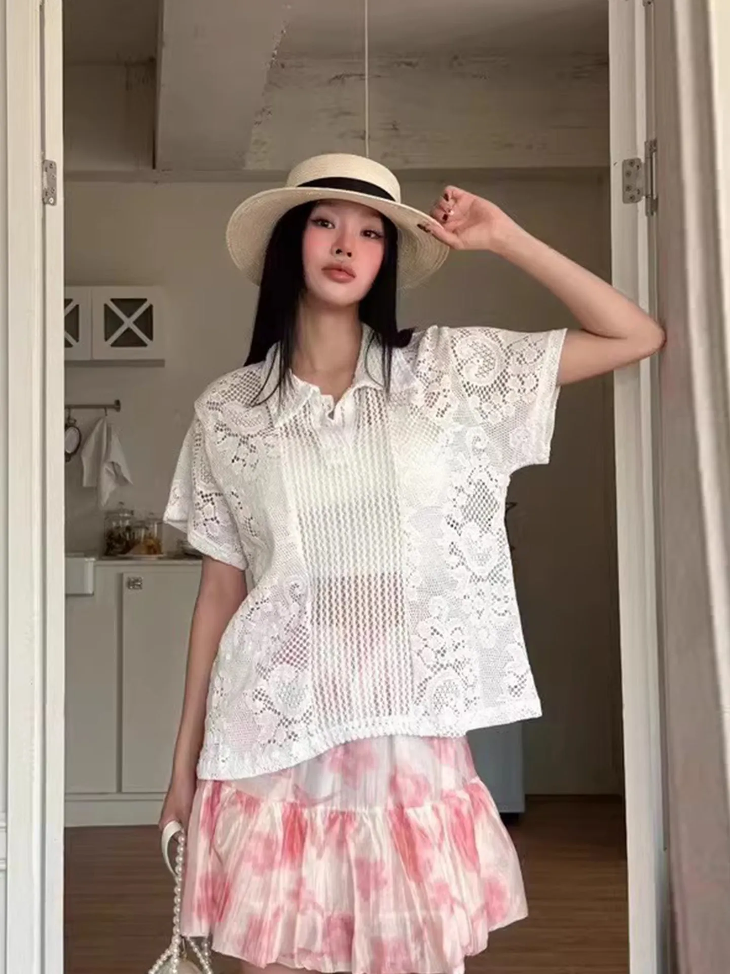 

Clothland Women Elegant Knitting Blouse Hollow Out Lace Transparent Shirt Cute Female Summer Chic Tops DA624