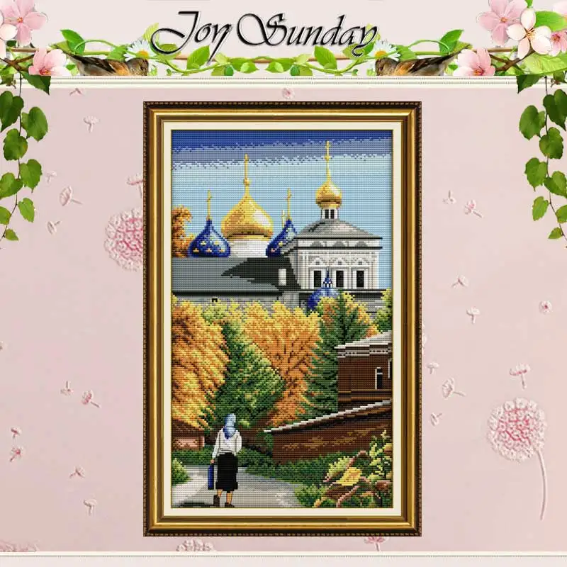 

Road to Church Patterns Counted Cross Stitch Set 11CT 14CT 16CT Stamped DMC Cross-stitch Kit Embroidery Needlework Home Decor