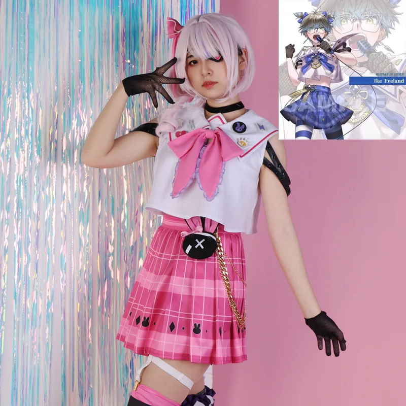 

InYOYO Vtuber Nijisanji Ike Eveland/Maria Marionette Cosplay Costume Pink Blue JK Uniform Dress Halloween Party Outfit Women New