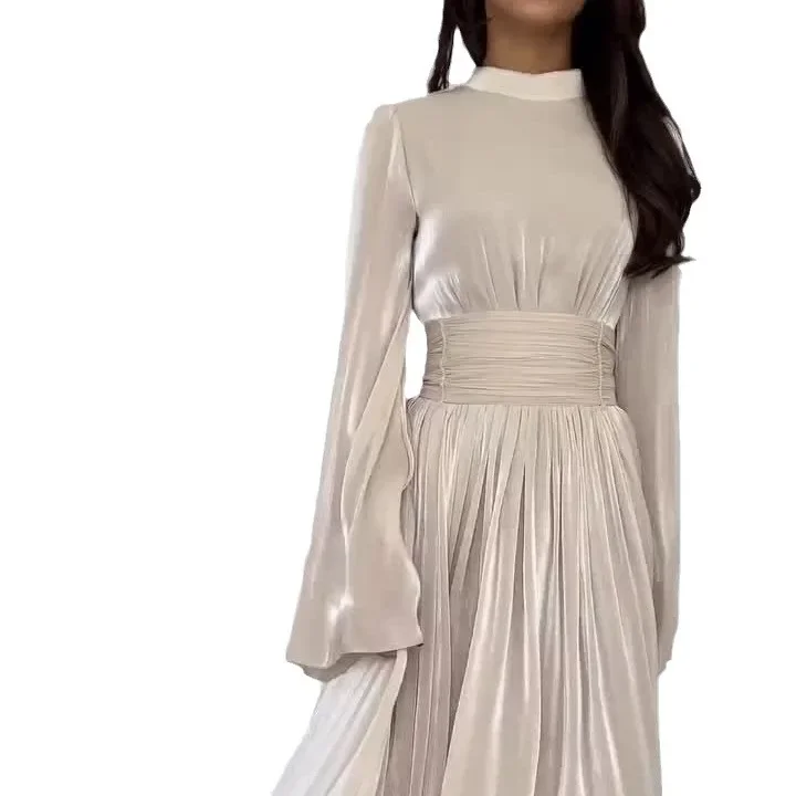 2024 New Solid Color Satin Maxi Pleated Plastic Wedding Dress Women Elegant O-Neck Waist Party Long Dress Women
