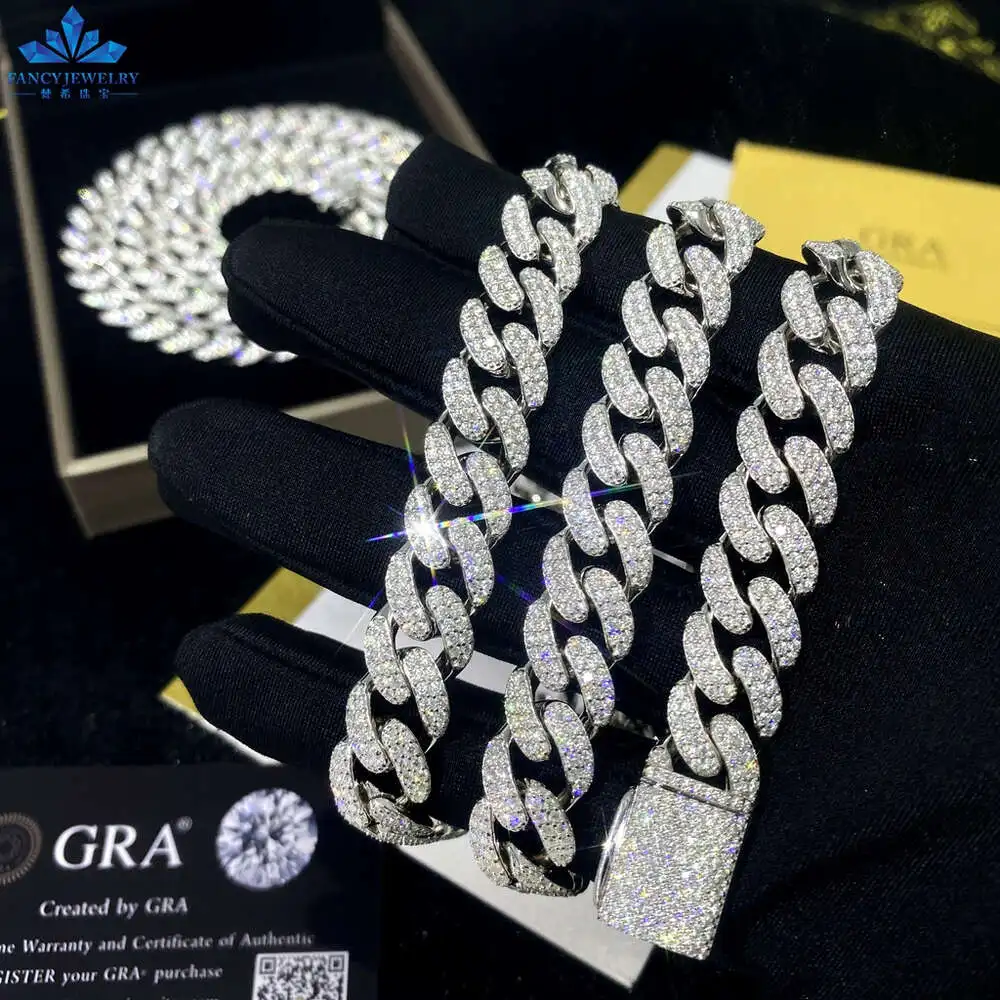 

Custom Wholesale Fashion Hip Hop Necklace 925 Sterling Silver 8mm 10mm 12mm Iced Out Vvs Moissanite Cuban Link Chain for Men