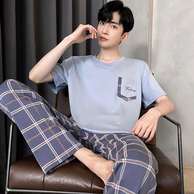 Cotton Pajamas Set for Men New Summer Soft Fashion O-neck Pyjamas Short Sleeved Plaid Pants Home Suit Plus Size S-4XL Pijamas