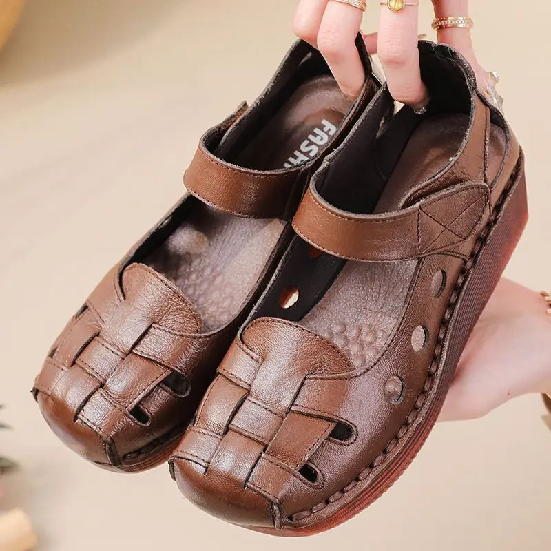 

Wide Toe Moccasins Sandals Women's Cutout Genuine Leather Shoes Woman Gladiators Summer Block Low Heels Mary Jane Sandals Roman