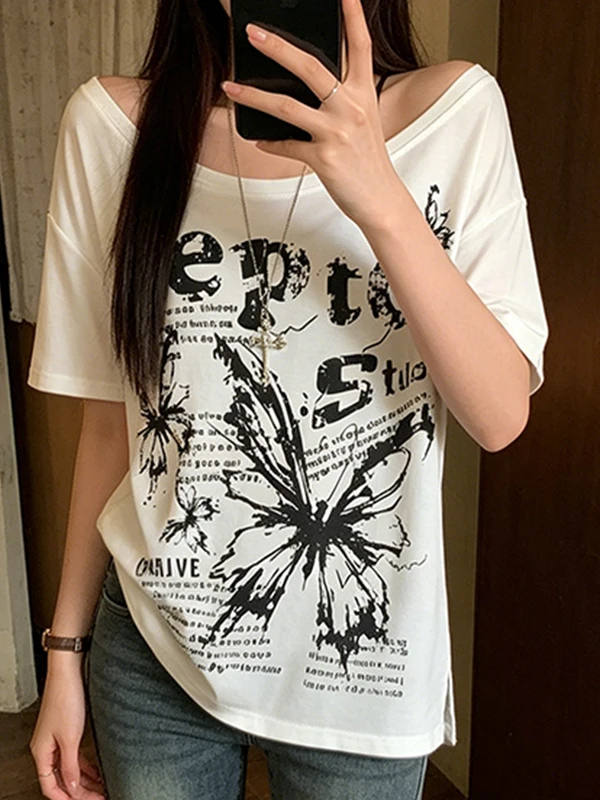 

plus Size Summer T-Shirt Women's One-Shoulder Short-Sleeve Cartoon Print Slimming Effect Versatile Casual Top for Younger Look