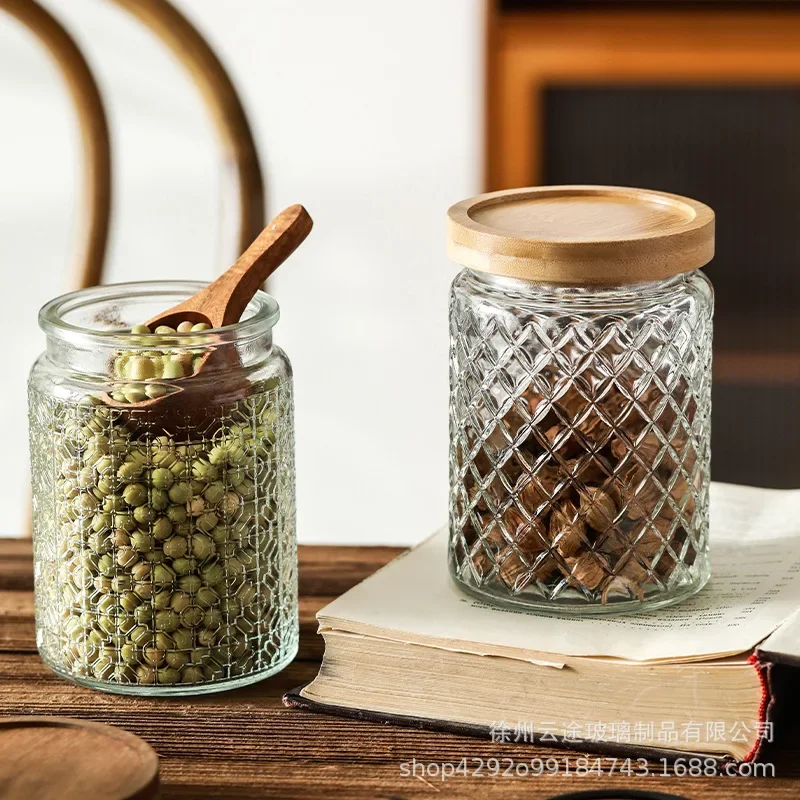 Embossed Glass Sealed Jar Household Kitchen Multi-grain White Sugar Dried Fruit Snack Storage Jar Tea Glass Container Home Decor