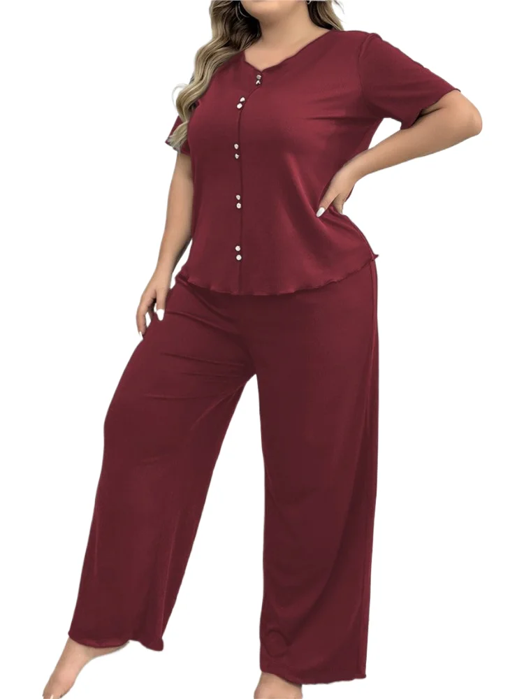 

Loose Pants Set For Women's Sleepwear Sets Round Sleeve Tops Wide Legs Long Pants Comfortable Home Clothes Pajamas Two Piece Set