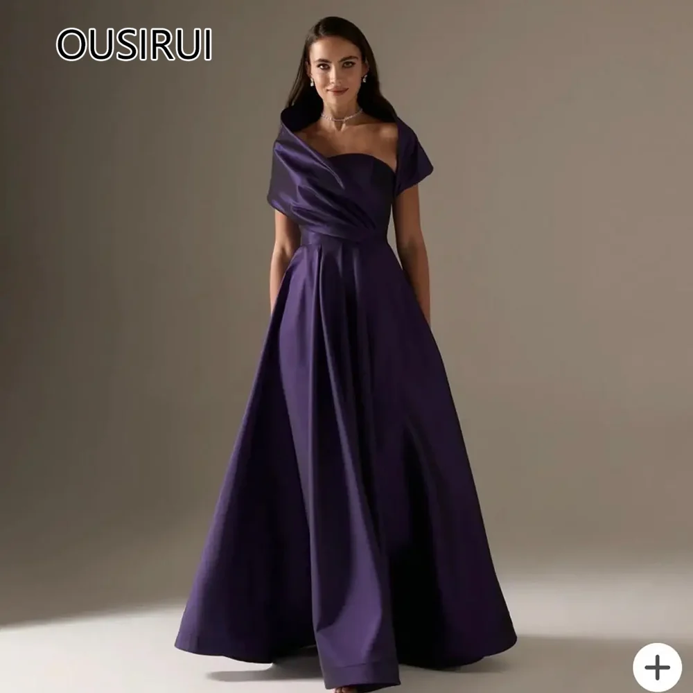 

OUSIRUI robe de mariée Modest Boat Collar Satin Solid A-line Prom Dress Floor-Length Backless Evening Prom Gown with Cape