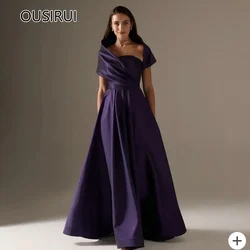 OUSIRUI robe de mariée Modest Boat Collar Satin Solid A-line Prom Dress Floor-Length Backless Evening Prom Gown with Cape