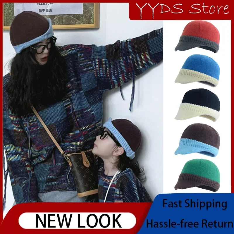 

Вязаные шерстяные шапки для детей с короткими полями и разноцветными полосками, корейский стиль, модная одежда для родителей и детей