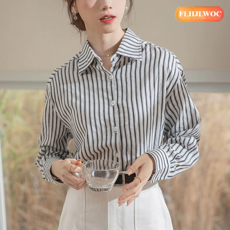 قمصان مخططة لطيف الفتيات السنة الجديدة امرأة 2026 ربيع الخريف طويلة الأكمام مكتب سيدة العمل أنيقة ركاب أساسيات القمصان #5