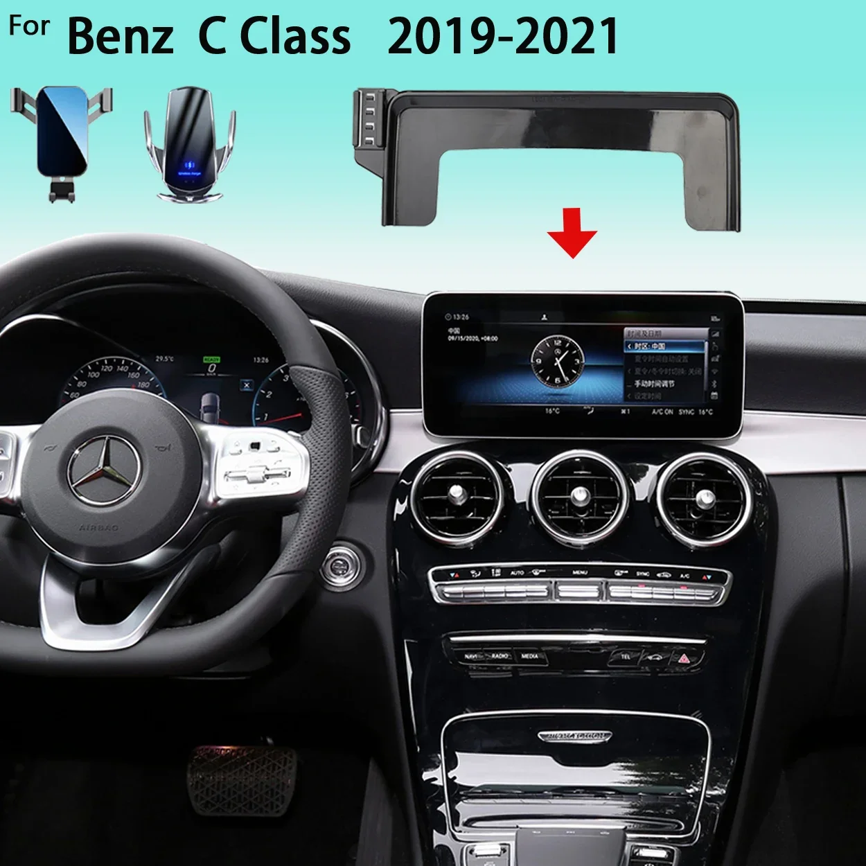 

Car Phone Holder For Benz C Class W205 2019-2021 10.25" Screen Mobile Phone Support Car Mounts 15W Wireless Charging Accessories