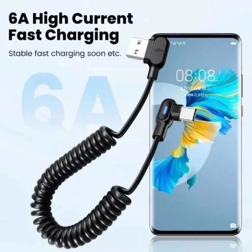 Scaleable Short Spring Data Cable Elbow USB To Type C Fast Charging Cable For Samsung Huawei Xiaomi Phone Charger Wire Cord