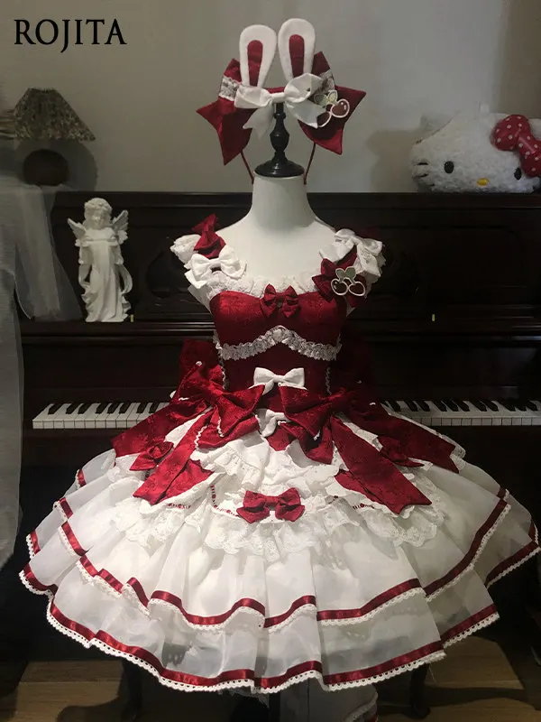 

Elegant Red White Classic Lolita Dress Kawaii Bunny Ear Lolita JSK Dress Red Velvet Ruffle Lace Princess Dress Sets