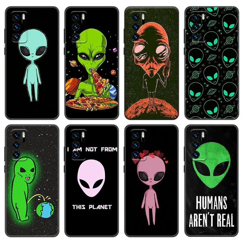 Cute Cartoon alien Case For Huawei P50 P40 P30 P20 Pro P10 P9 P8 Lite 2017 P Smart Z S 2021 2020 Pro 2019 2018 Black Cover