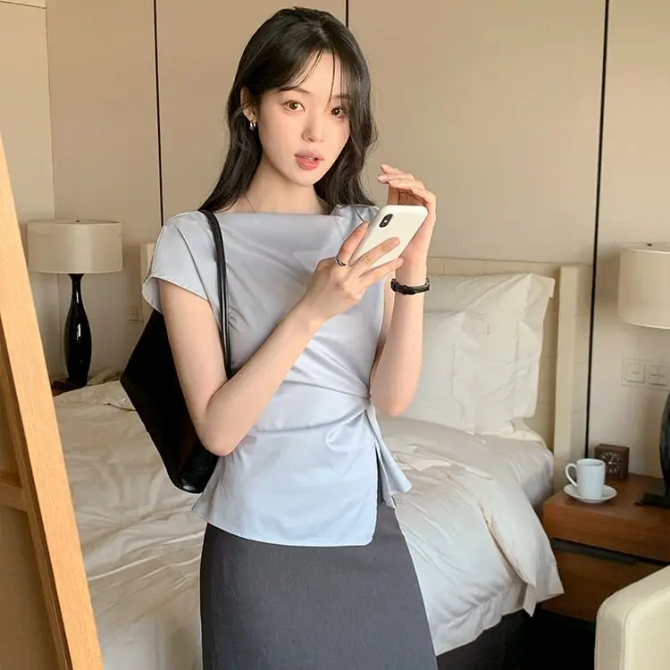 Waist-Cinching Slit Daily Versatile Shirt Top Women's Fashion Polyester Short Sleeve Regular Fit Shirt Casual All-Match