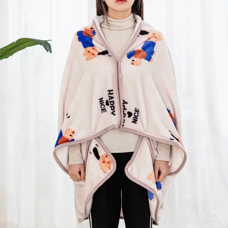 1X Flannel Wearable Blanket Shawl With Sleeves Comfy Cape Blanket Cover Cloak Sweater Poncho Throw with Buttons for Sofa Vehicle