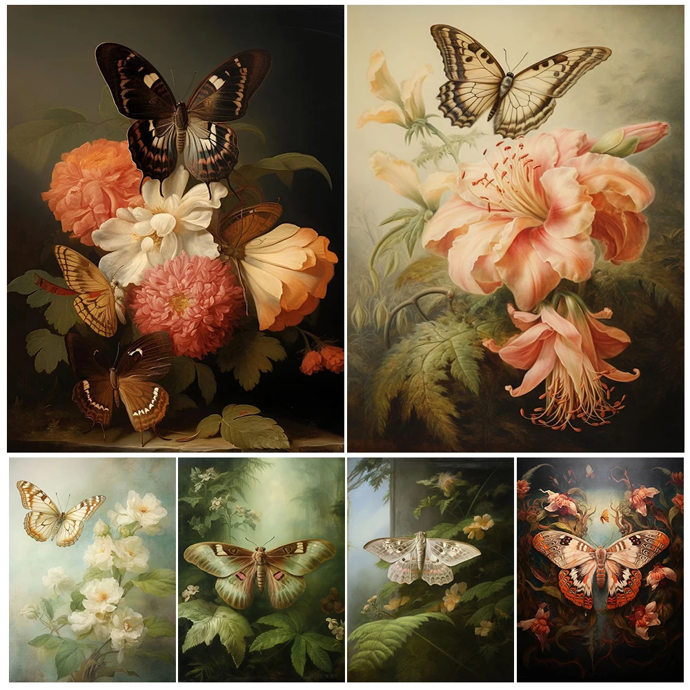 

Moth And Butterfly Victorian Vintage Aesthetic Vintage Wall Art Canvas Painting Moody Botanical & Insect Art Poster Print Decor