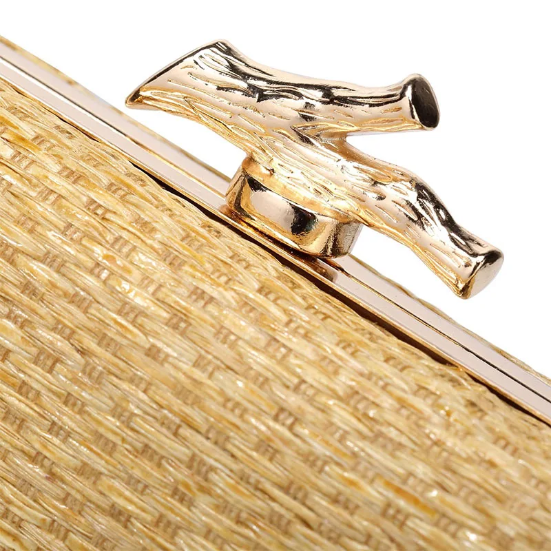 Fashion Straw Pattern Evening Handbag Lady Gold Metal Clutch Bag Shoulder Purse Party Wedding Summer Beach Bag Wicker Clutch Sac