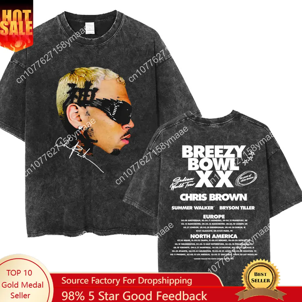 

Rapper Chris Brown Washed Retro T Shirt Breezy Bowl XX 2025 Tour Hip Hop T Shirts Men's Clothing Loose Cotton T-shirt Fans Gifts