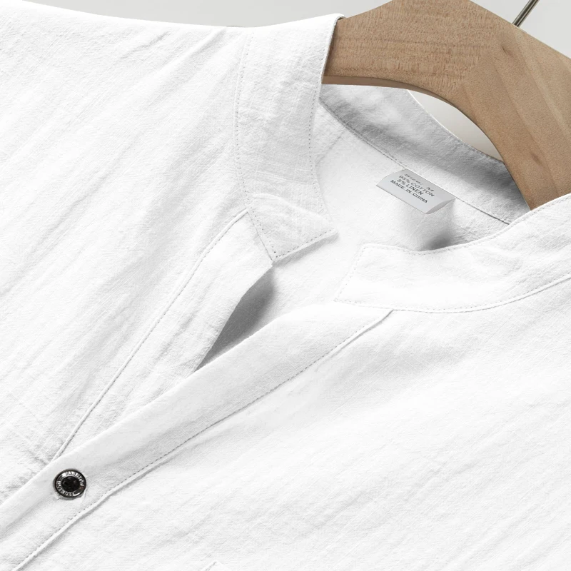 Herren-Henley-Shirt mit Stehkragen, Kurzarm, Baumwoll-Leinen-Mischung, Brusttasche, Atmungsaktiv, Sommer, Alltag, Reise, Strand, Freizeit-Oberteil – Detail 23