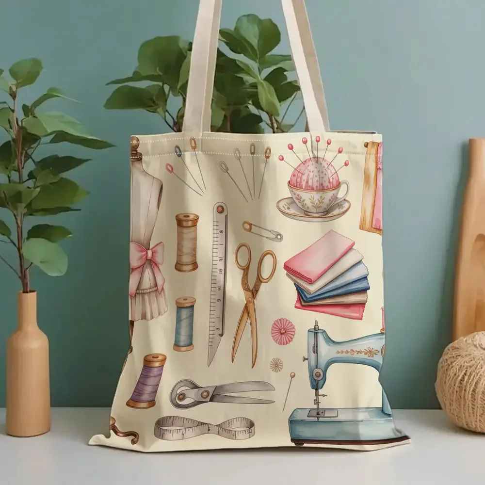 A Women's sewing machine pattern printed canvas tote bag, suitable for daily use, shopping, school, and travel