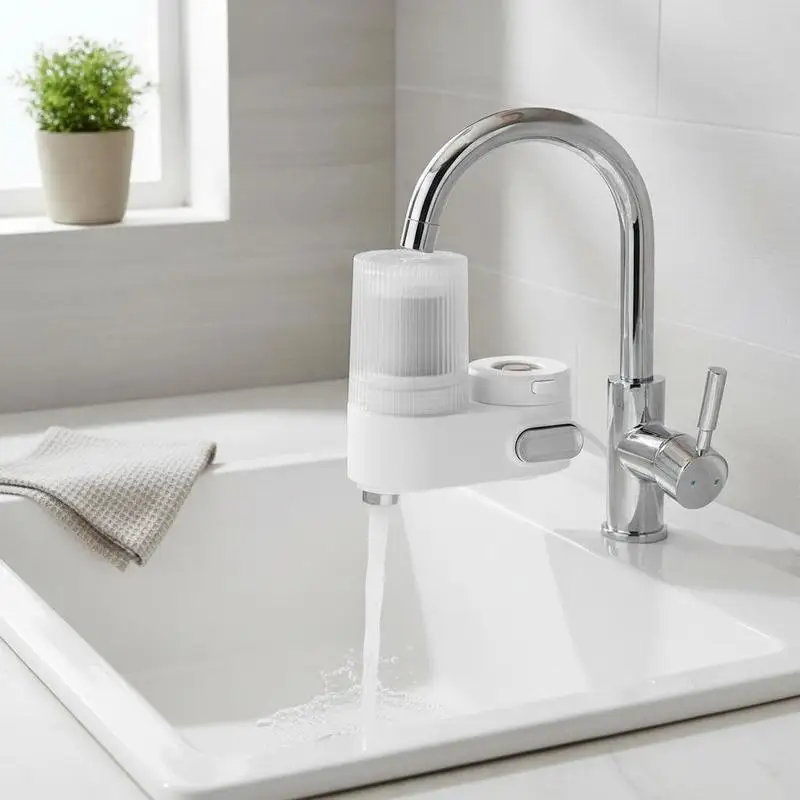 

Sink Tap Purifier 4.2x2.8x5.1in For Kitchen Bathroom Laundry Chlorine Lead Removal Carbon Fiber Filtration System Vertical White Faucet Attachment Multi-Adapter Fit 1 Filter Included