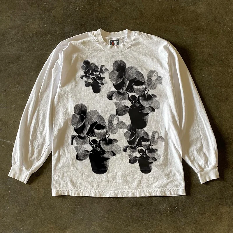Heavyweight Pure Cotton Long Sleeve T-Shirt Couple Style Men's Women's Design Sense Hong Kong Style Flower Pot Landscape