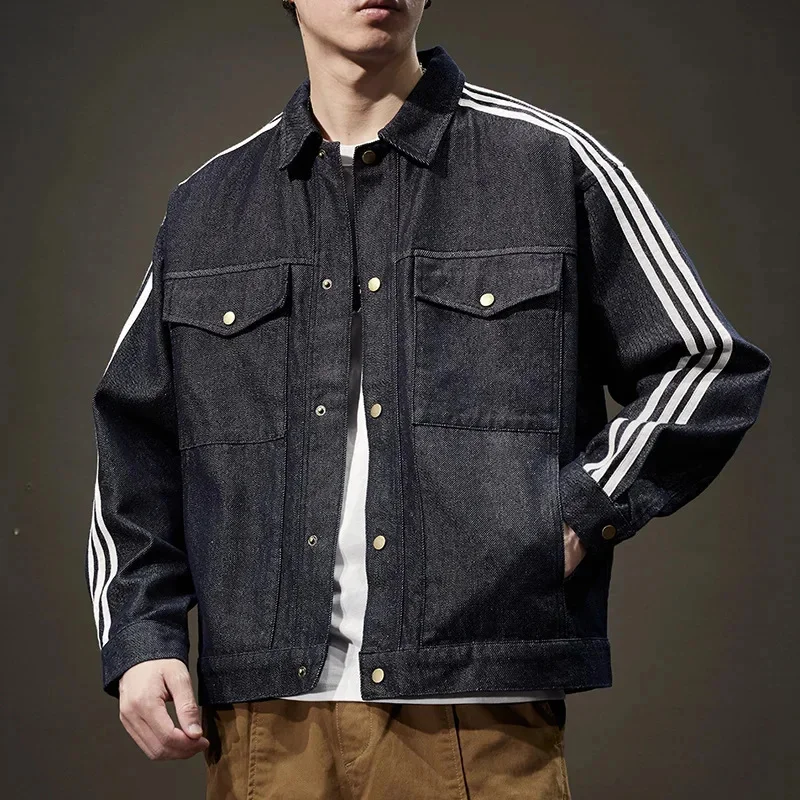 

Осенняя новая мужская джинсовая куртка в полоску в стиле пэчворк, повседневная работа