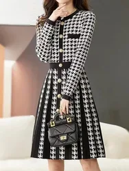 New Autumn Women's Knitted Dresses Korean Fashion Round Neck Long Sleeve Plaid Elegant Dress Ladies Casual Knitting Clothes