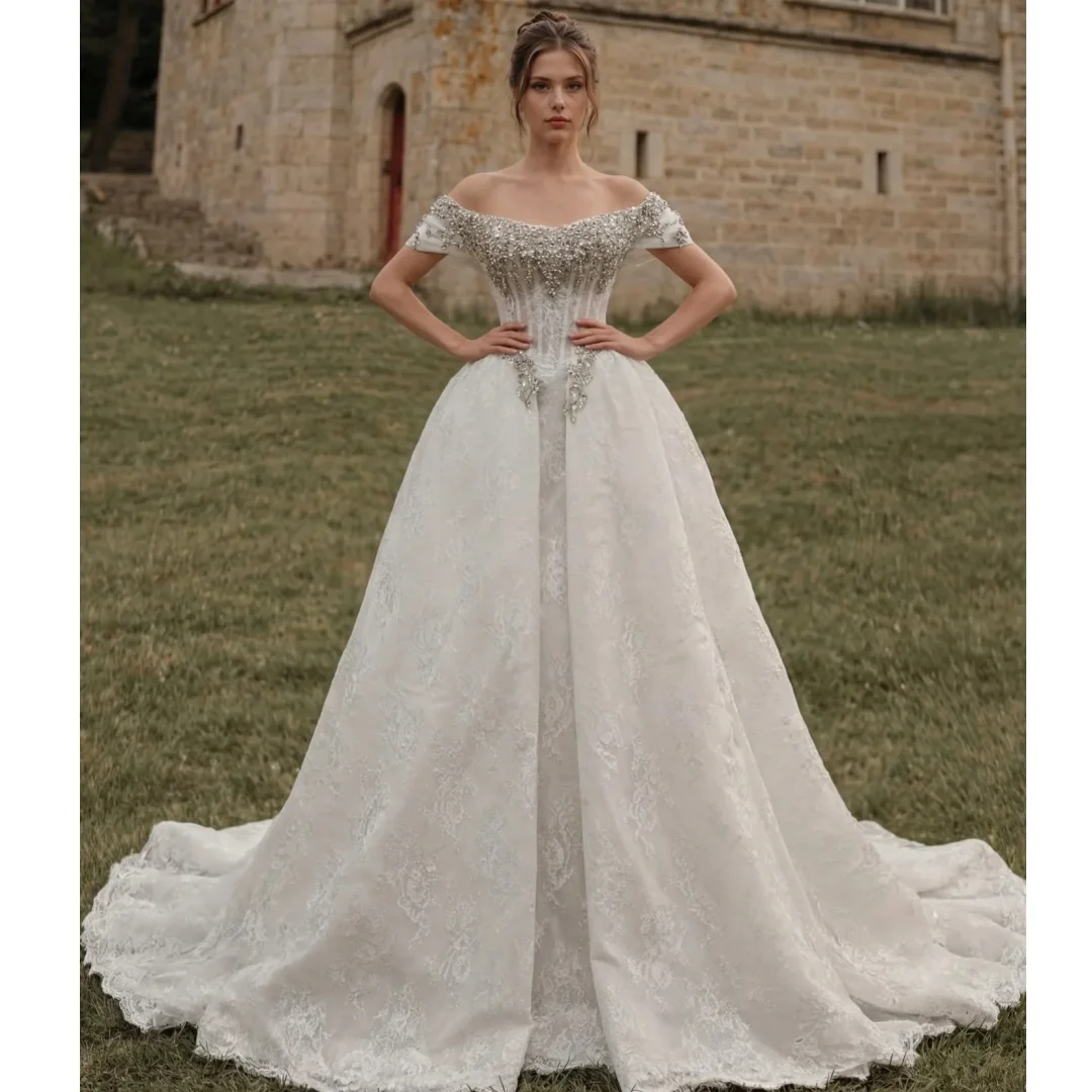 

Off the Shoulder Corset Wedding Dresses Crystals Lace Vintage Bridal Gown Exquisite robe de mariée Customized