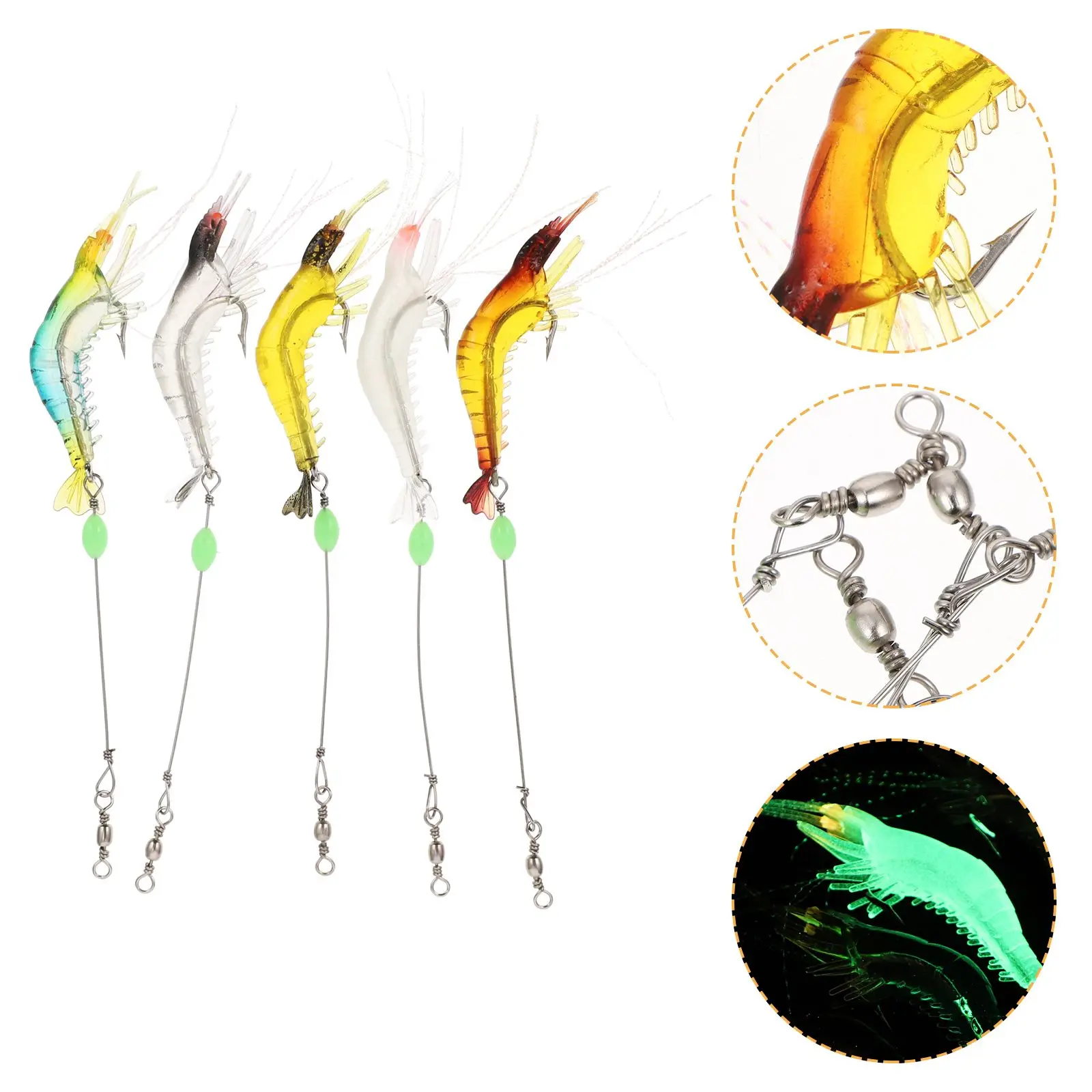 5pcs Bionic Shrimp Fishing Artificial Tackle Soft Glow Baits with Hook for Bass Salmon Lure Night Fishing