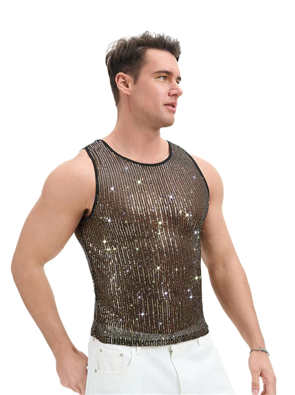 Herren-Netz-Strass-Y2K-Tanktop, durchsichtig, glitzernd, Party-T-Shirt, Nachtclub, Musikfestival, Bühnenkostüm – Detail 7