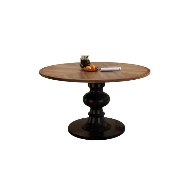 

French retro round dining table solid wood American medieval household small apartment black high-end sense