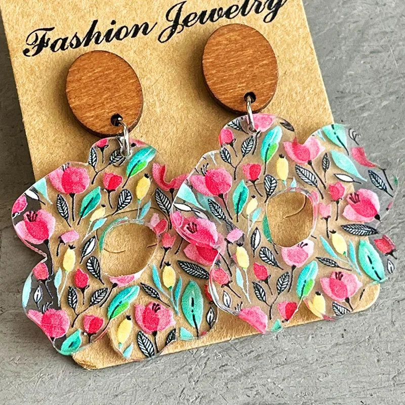 Wooden Floral Earrings With Acrylic Pendant, Geometric And Modern Floral Patterns Earrings For Girls
