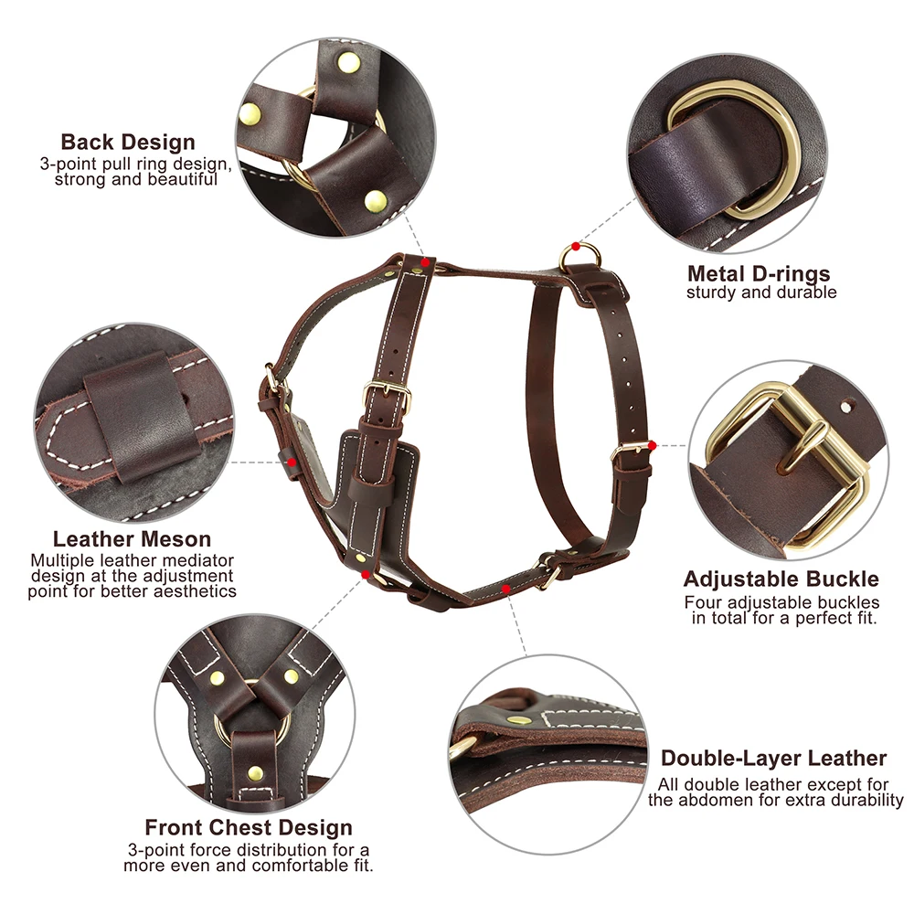 Durable Genuine Leather Dog Harness Large Dog Harness Vest Adjustable Strap for German Shepherd Labrador Husky Walking Training