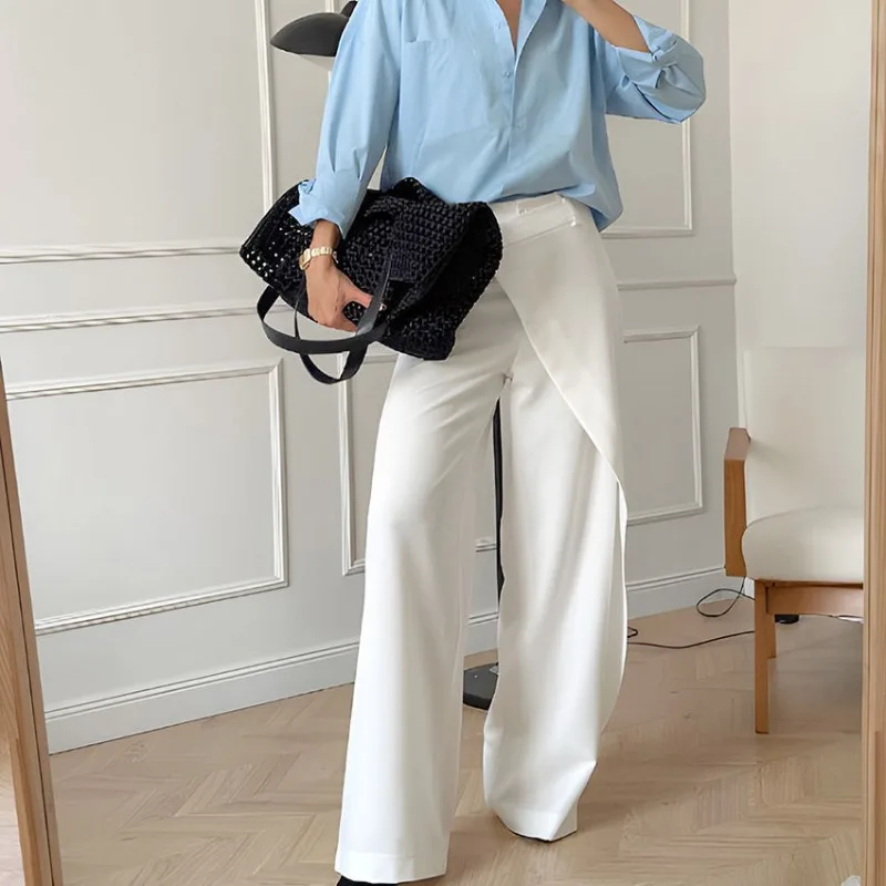 QWEEK White Elegant Woman Suit Pants Baggy Casual Office Lady Patchwork Wide Leg Trousers America Style High Waist Pantalones