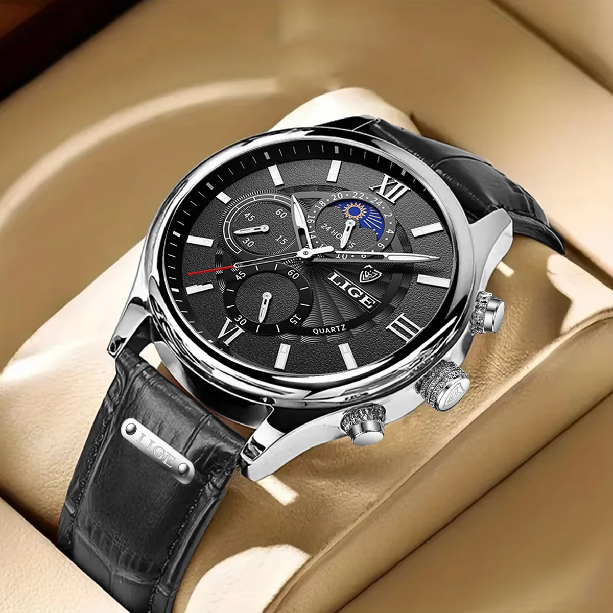 2026 LIGE Mens Watches Top Brand Luxury Clock Casual Leathe 24Hour Moon Phase Men Watch Sports Waterproof Quartz Chronograph+Box