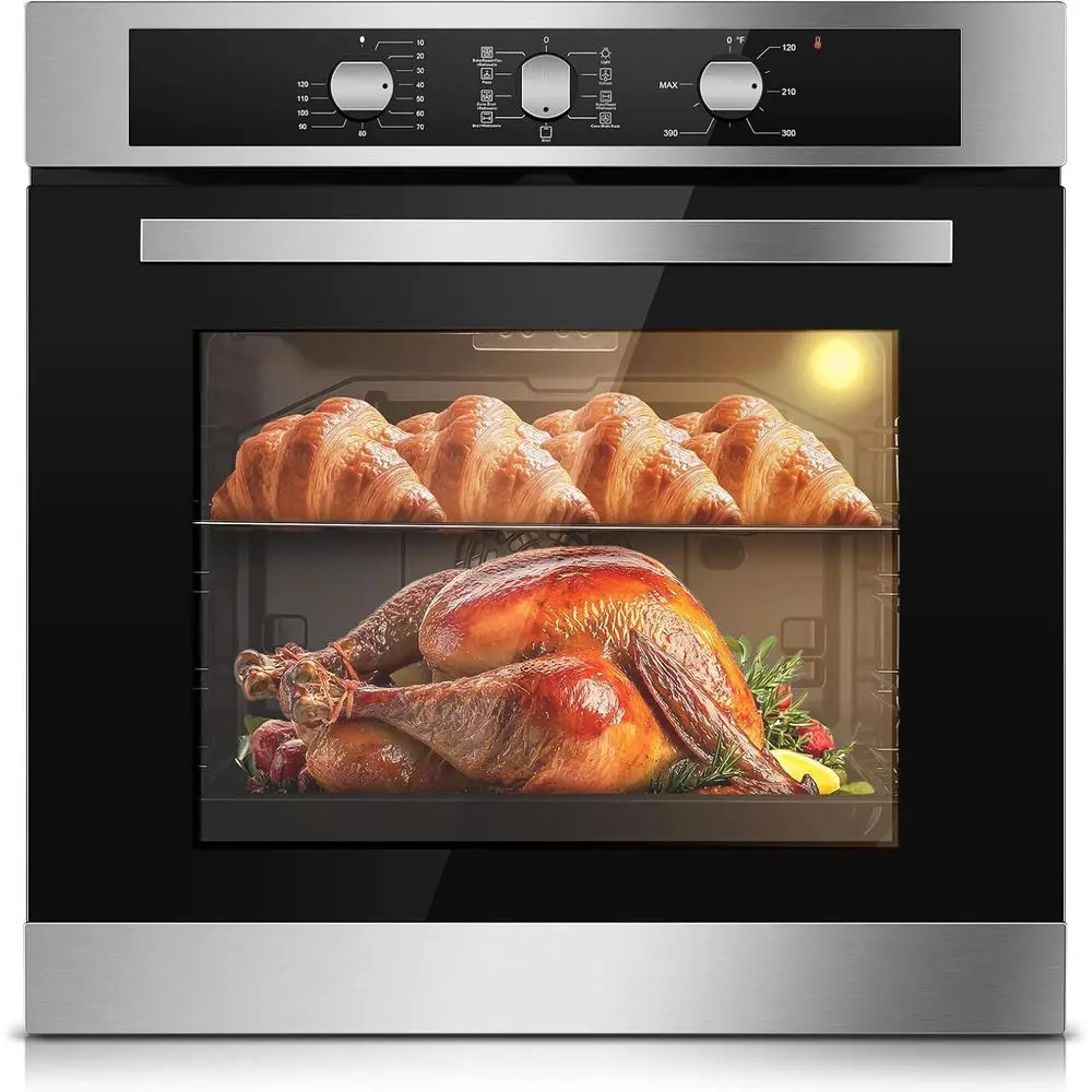

24 Inch Single Wall Oven 2.8 Cu.t 3220W, Electric Oven with Mechanical Knob Control, 9 unctions, 360° Rotisserie,Triple Glass Do