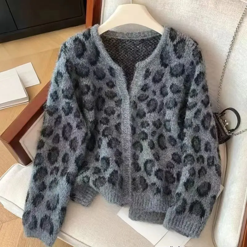 Streetwear Y2k Leopard Cardigan Women Vintage  Long Sleeve Loose Knitted Sweater  Retro Fall Winter Tops Outwear