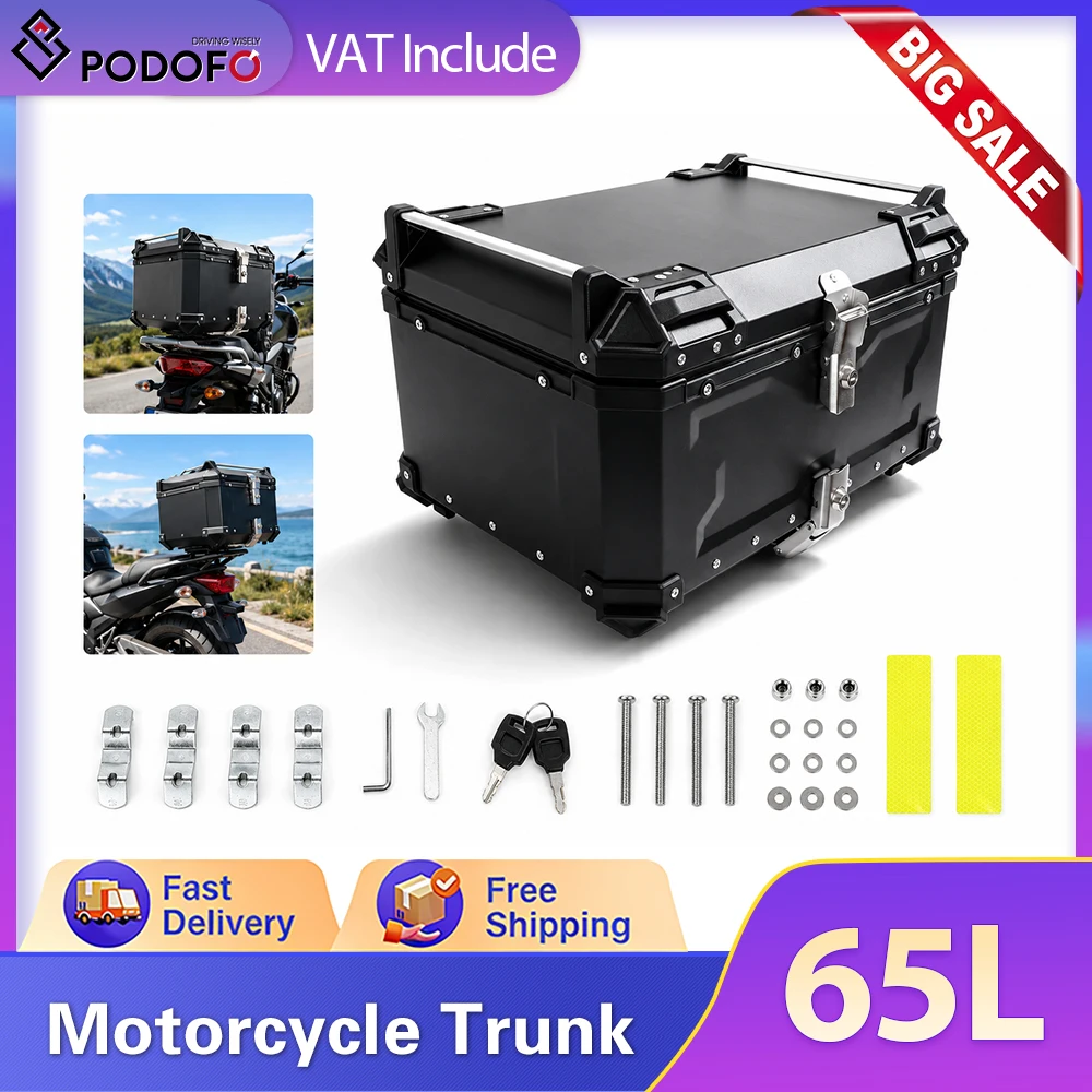 Podofo 65L Wodoodporny aluminiowy kufer motocyklowy z uniwersalną bazą montażową, twarda tylna skrzynia z podwójnymi zamkami, kluczami, pikowaną wyściółką wewnętrzną, kieszeniami do przechowywania i