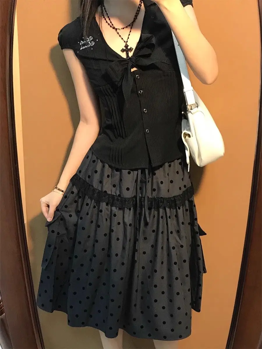 

Japanese Kawaii Polka Dot Tiered Skirt Women Y2K Vintage High Waist Lace Trim Pocket A Line Women Casual Midi Skirt Streetwear