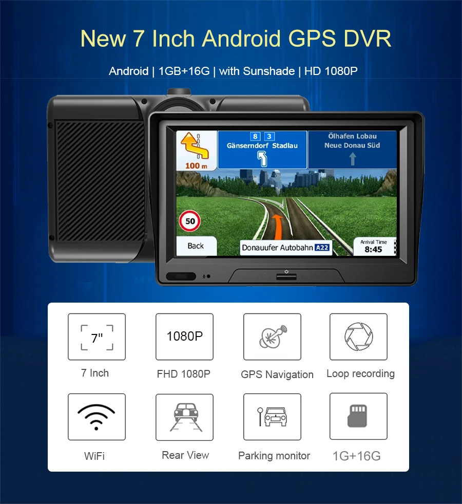 7 inch car Android GPS Navigator 1080P video Recorder Registrar ROM 16GB RAM 1GB with visor dash cam with free Europe maps