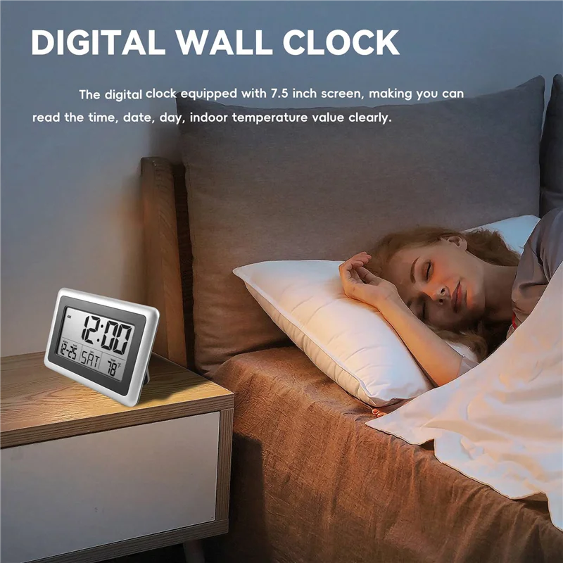 【Popular】Digital Wall Clock, Large Lcd Display, Battery Operated, Indoor Temperature, Calendar, Table Standing, Snooze Without B