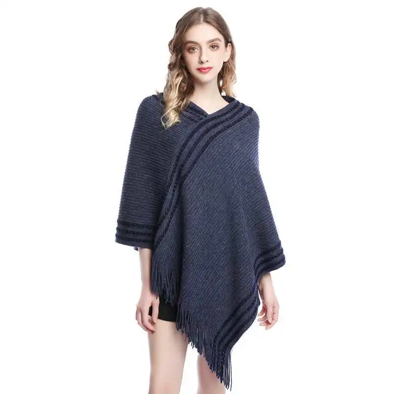 

Korean Spring Autumn Hot Selling Imitation Wool Cloak Shawl Knitted Female Tassel Warm Covering Lady Coat Navy