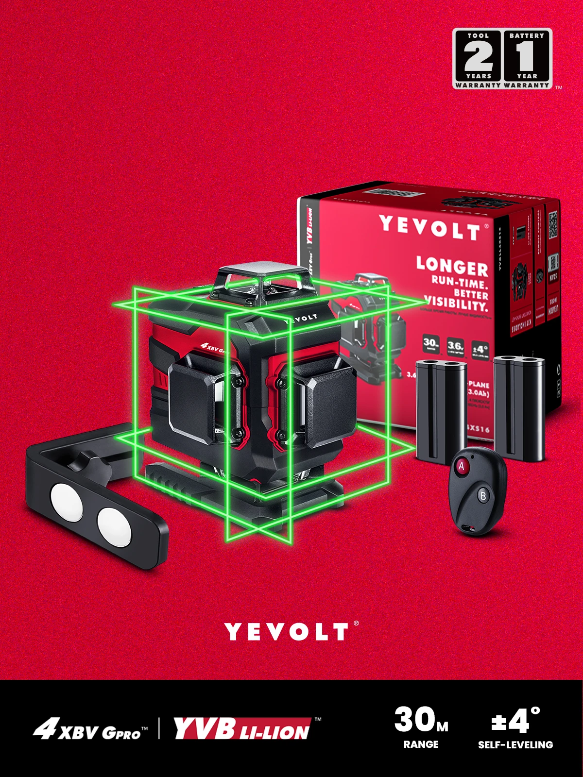 YEVOLT YVGLL4XS16DP-L 4-Plane 16 Lines Green Laser Level All Day Work with 360°Magnetic Holder Self-Leveling Measuring Tools