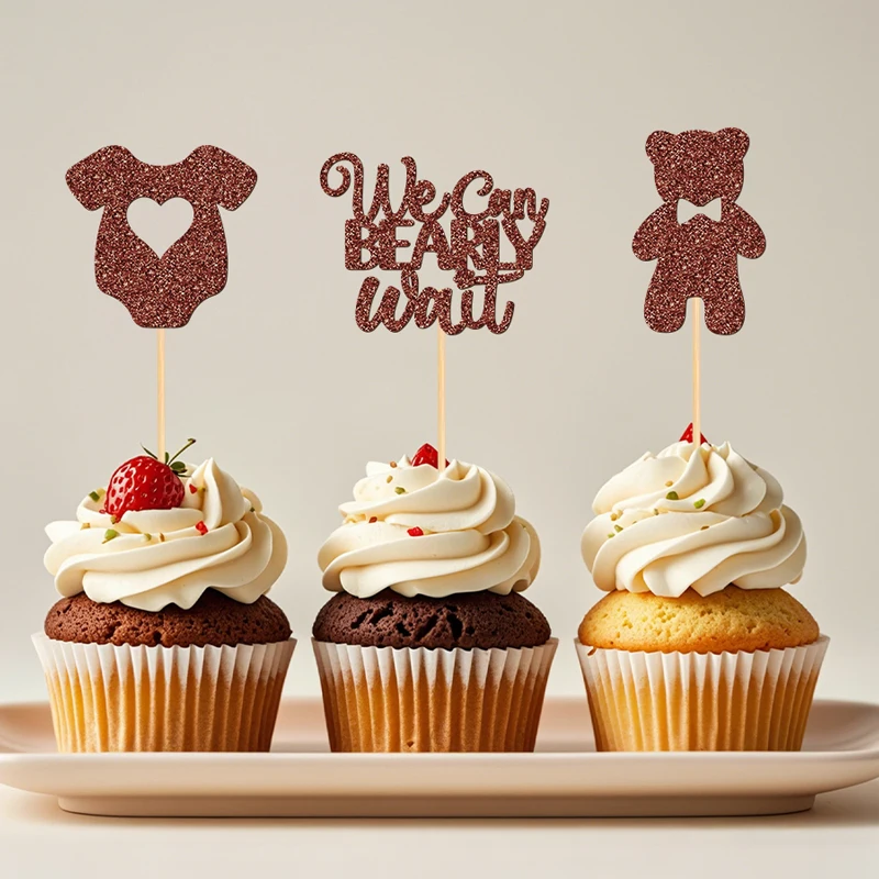 YOMDID 24 Stück We Can Bearly Wait Cupcake-Topper Bären-Thema Kuchendekoration Glitzer We Can Bearly Wait Kuchendeko-Einsatzstücke
