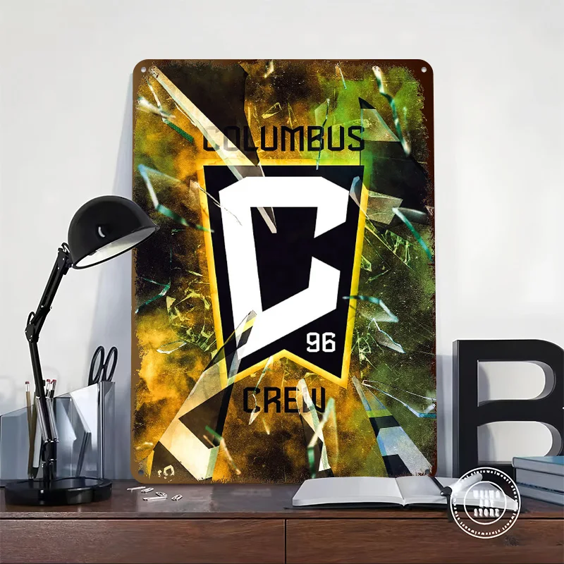Columbus Crew Broken Glass Printed Poster Customized Wall Art Retro Vintage Metal Tin Signs for Home Mancave Decoration Gaming