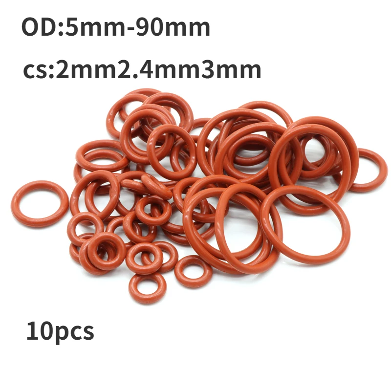 Peijian 10pcs CS 2/2.4/3mm Red Silicone O-ring Outer Diameter 5-90mm Food Grade Gasket Waterproof Insulation -35℃~200℃