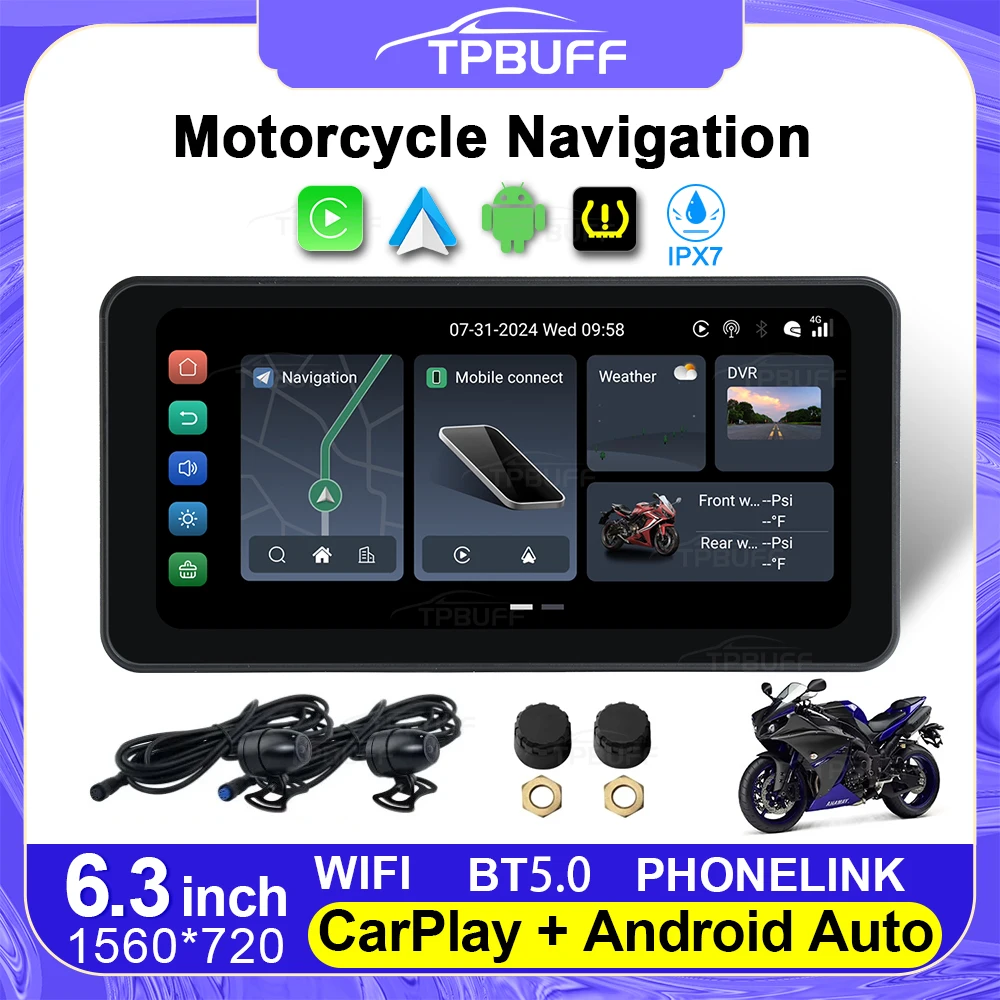 Motorcycles Navigation Wireless CarPlay Android Auto 6.3inch Screen Smart Playe Android 12 IPX7 Waterproof Moto DVR Monitor